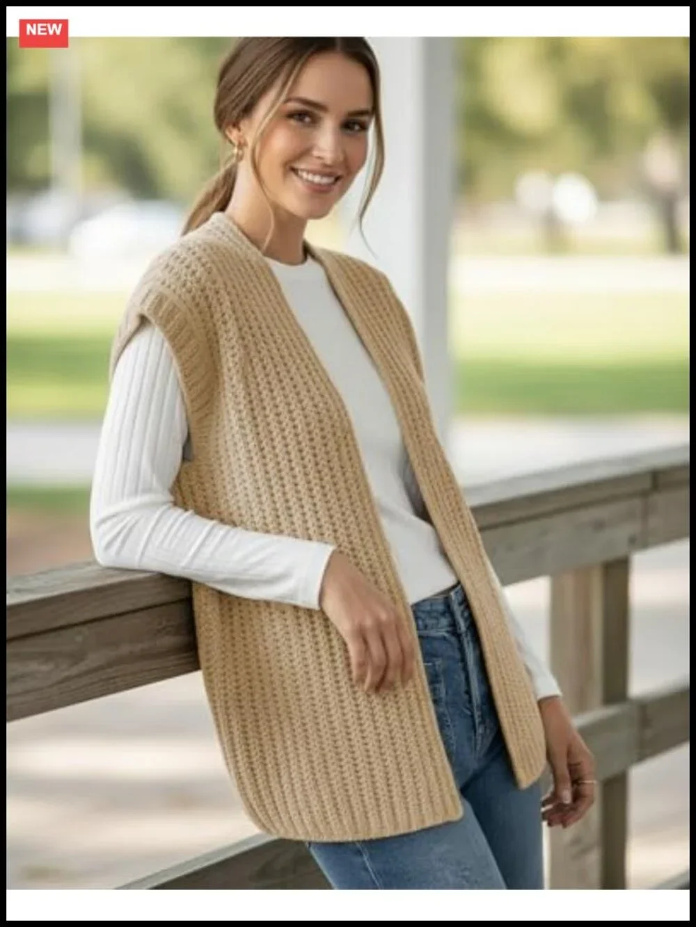Chunky Knit Crochet Sweater Vest V-Neck Open Front Cap Sleeve Womens Top Apricot